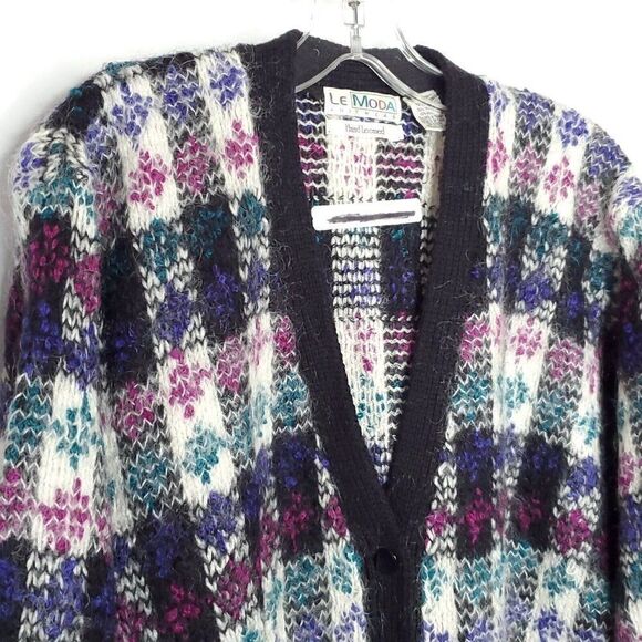 Vintage 80s Le Moda Cardigan Sweater M Black Purple Mohair Plaid Retro Preppy - Picture 3 of 6